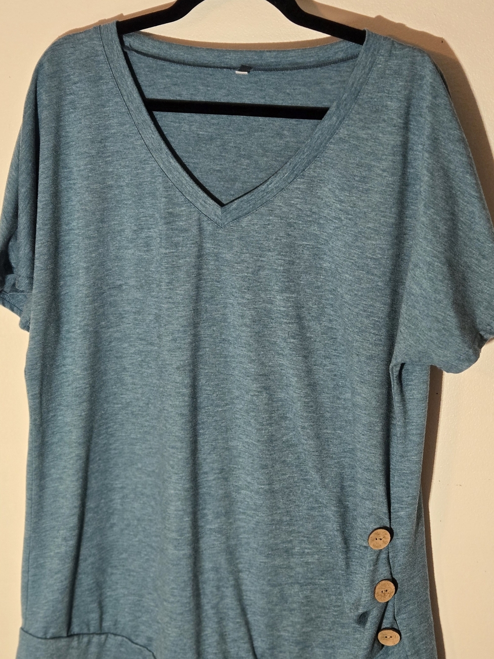 Casual V-Neck Women's Top in Teal with Side Button Detail